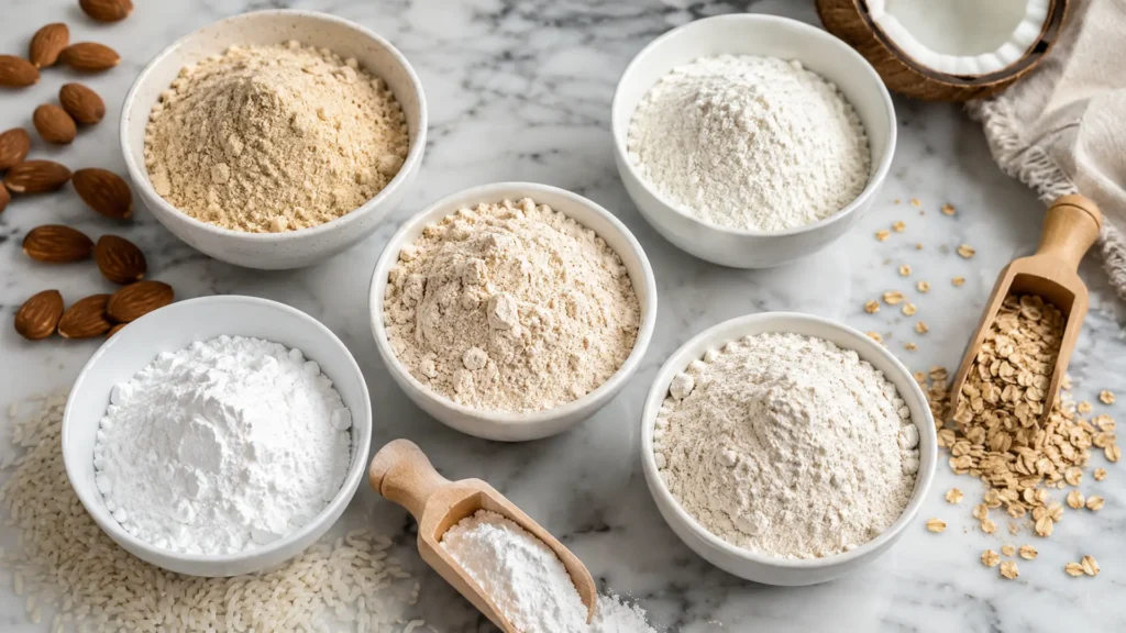 Overhead spread of gluten free flour varieties in small white bowls, almond, rice, oat and coconut, on a marble counter