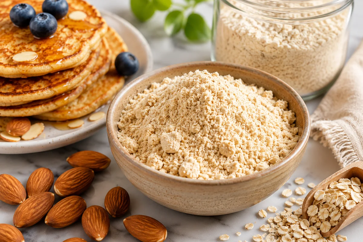 When almond or oat flour can work on its own Detail of a single gluten free flour at work, a bowl of almond flour beside almond-flour pancakes and a jar of oat flour
