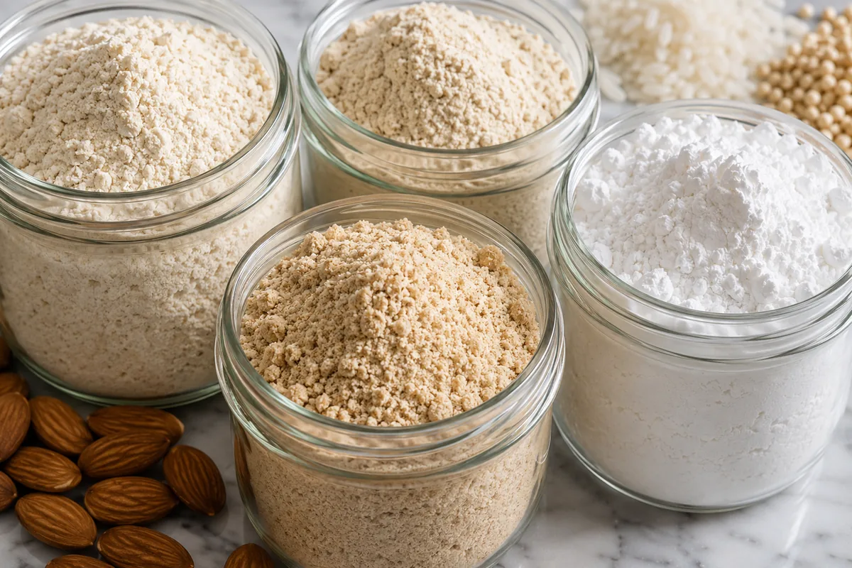 How grain, nut, and starch flours differ in baking Close-up of gluten free flour types grouped by family in glass jars, pale rice and sorghum beside golden almond and starch