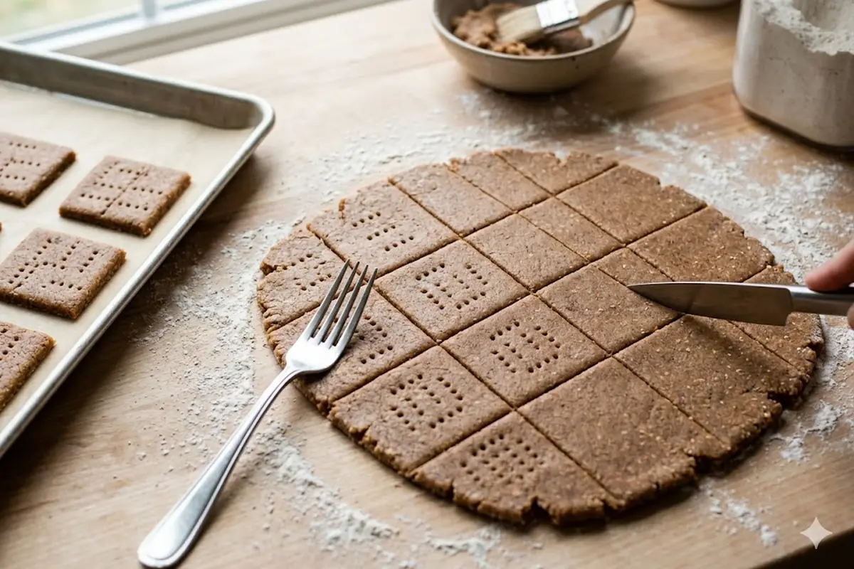 How to Make Gluten Free Graham Crackers at Home Gluten free graham cracker dough rolled and scored into squares before baking
