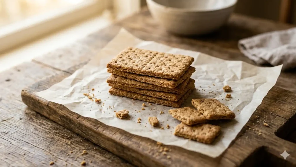 Stack of golden gluten free graham crackers on parchment with crumbs