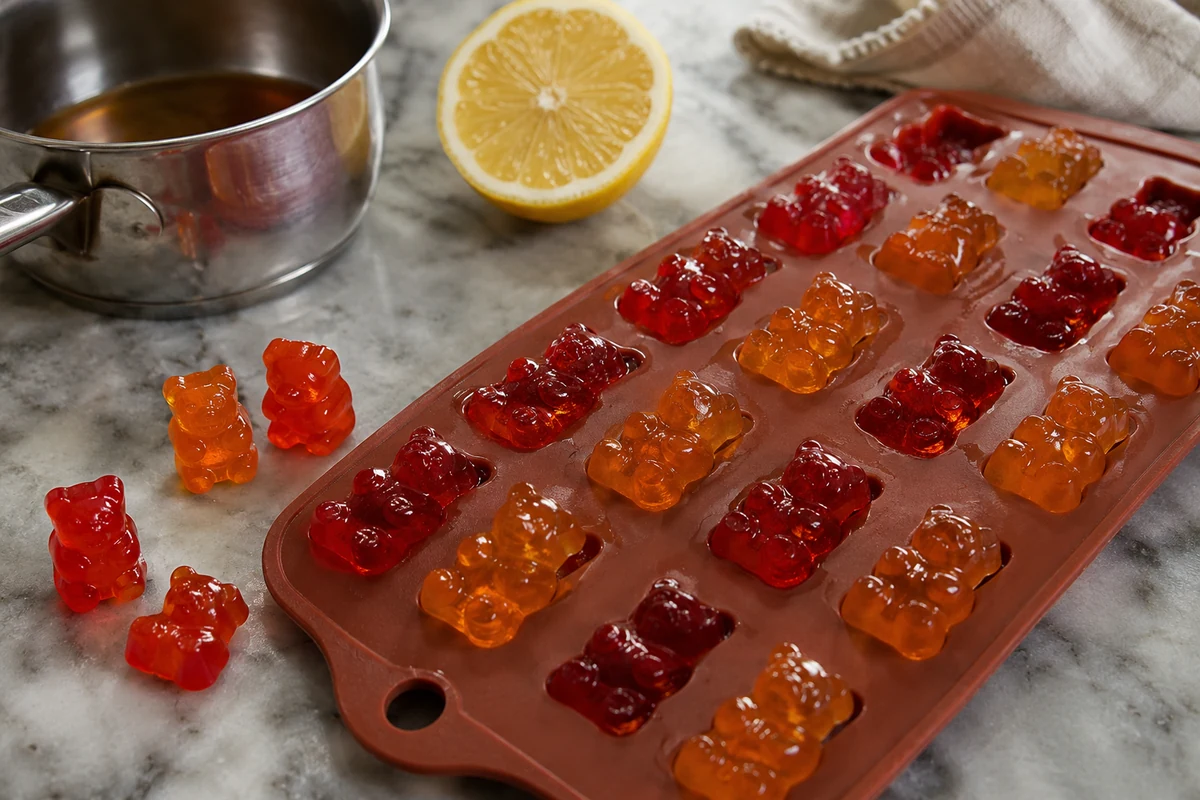 Homemade fruit gummy bears setting in a silicone bear mold on a counter
