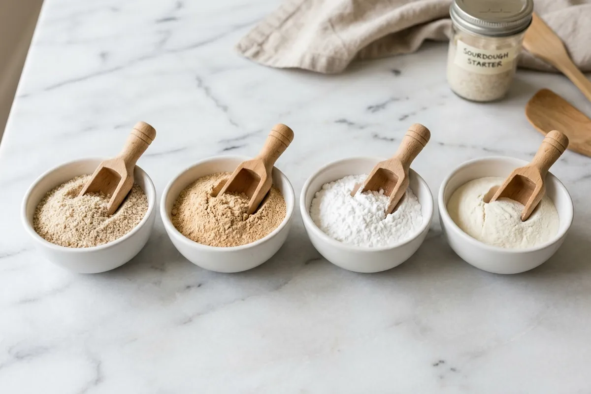 Choosing your gluten-free flour blend Bowls of brown rice, sorghum, tapioca and potato starch for a gluten free sourdough flour blend