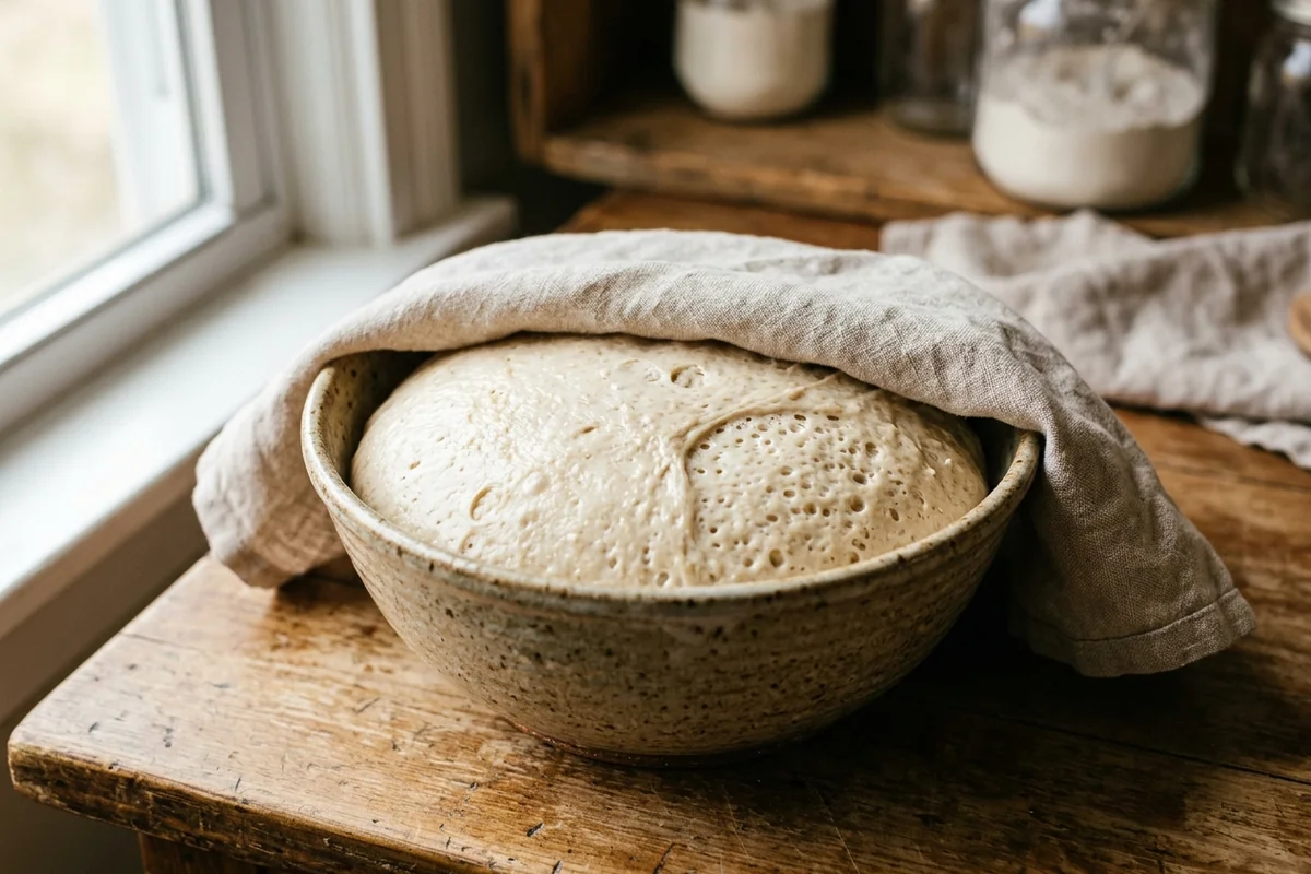 The science of proofing gluten-free dough Risen domed gluten free sourdough dough proofing under a cloth in a warm kitchen
