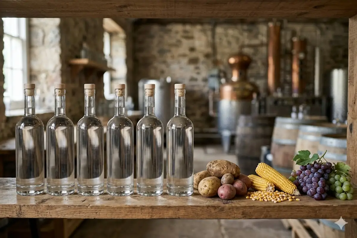 Vodka bottles beside potatoes corn and grapes showing naturally gluten free bases