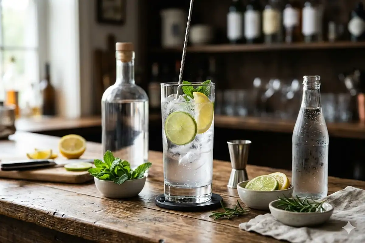 A gluten free vodka cocktail being mixed with citrus soda and ice on a bar