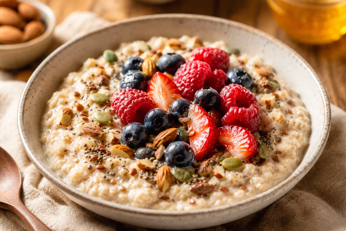 What certified oats add to a gluten-free diet Detail of a hearty gluten free oats breakfast, creamy oatmeal topped with fresh berries, nuts and seeds in a ceramic bowl