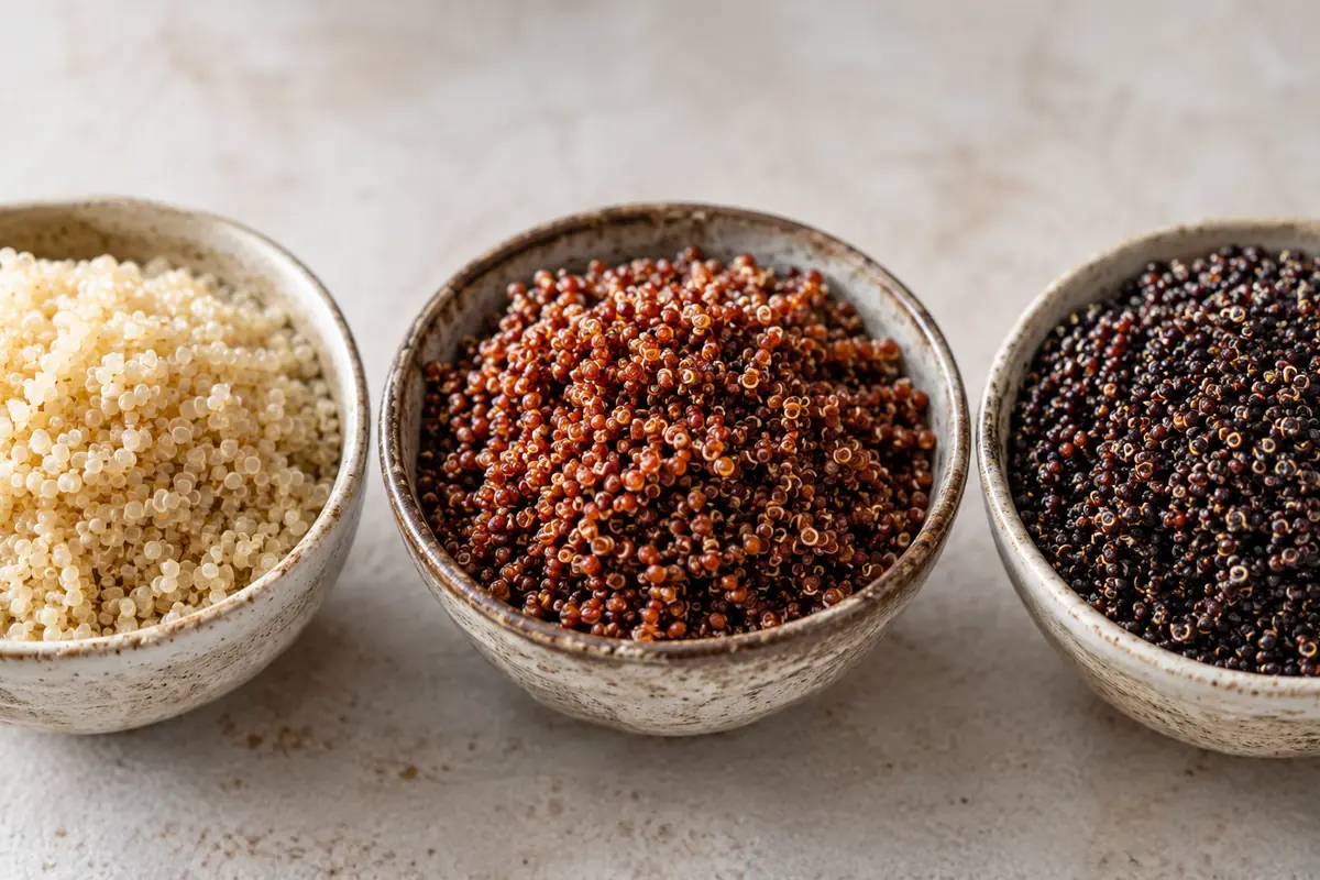 White, red, and black quinoa side by side Detail of three cooked gluten free quinoa types side by side, pale white, earthy red and firm black, in small white bowls