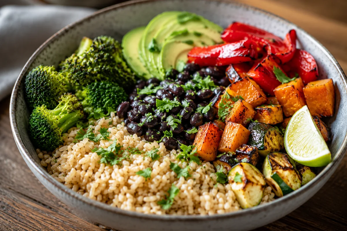 Brown rice adds fiber to a gluten-free diet Detail of a healthy gluten free rice bowl, brown rice topped with roasted vegetables, beans and fresh herbs in a ceramic bowl