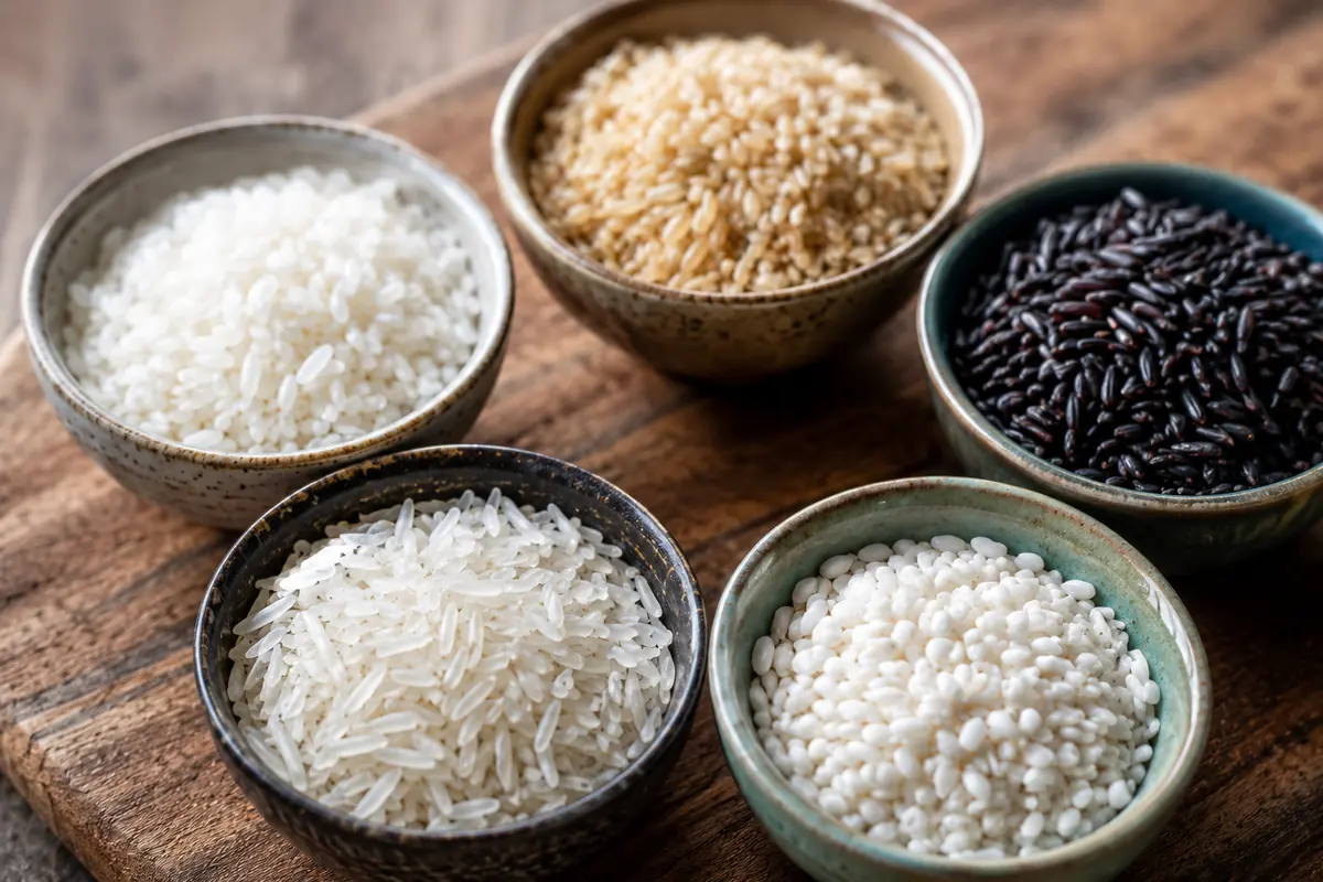 From basmati to arborio, every variety qualifies Close-up of gluten free rice varieties in small dishes, basmati, jasmine, brown, black and arborio, on a wooden board