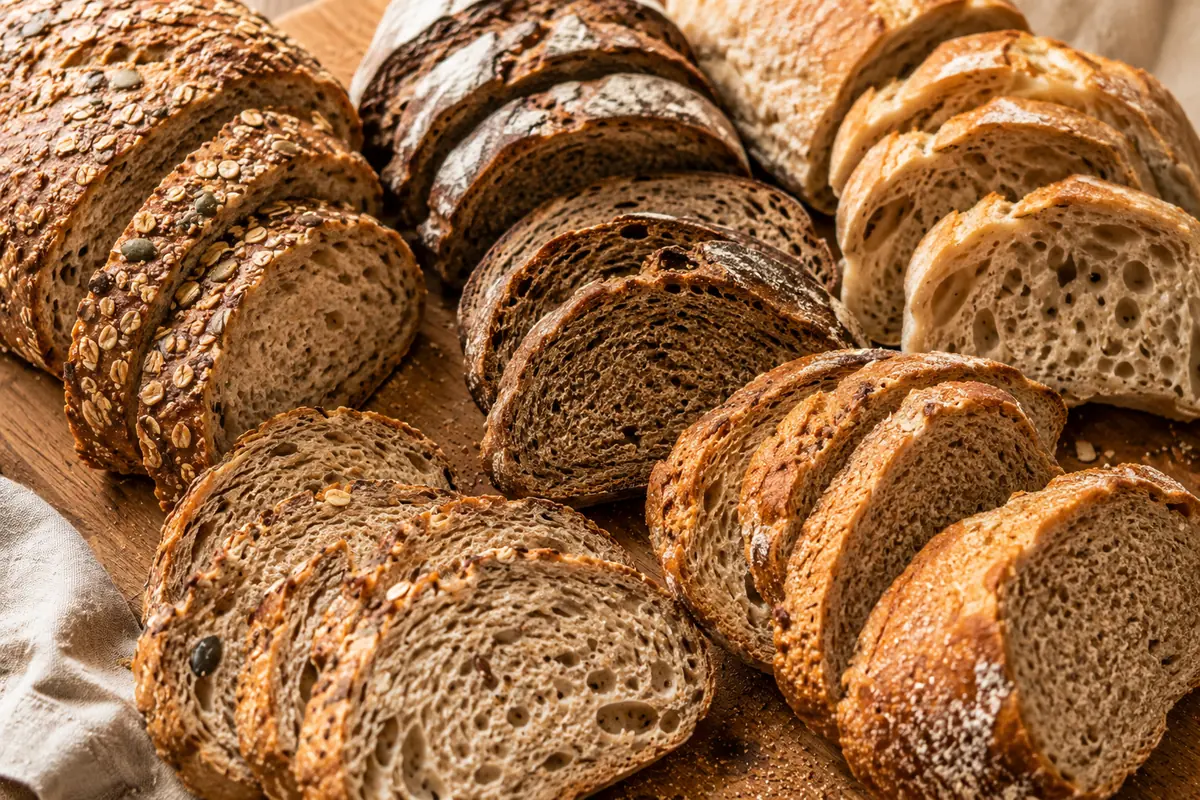 Multigrain, rye, and spelt all contain gluten Detail of healthy-sounding wheat breads that are not gluten free, multigrain, rye, spelt and whole wheat slices on a board