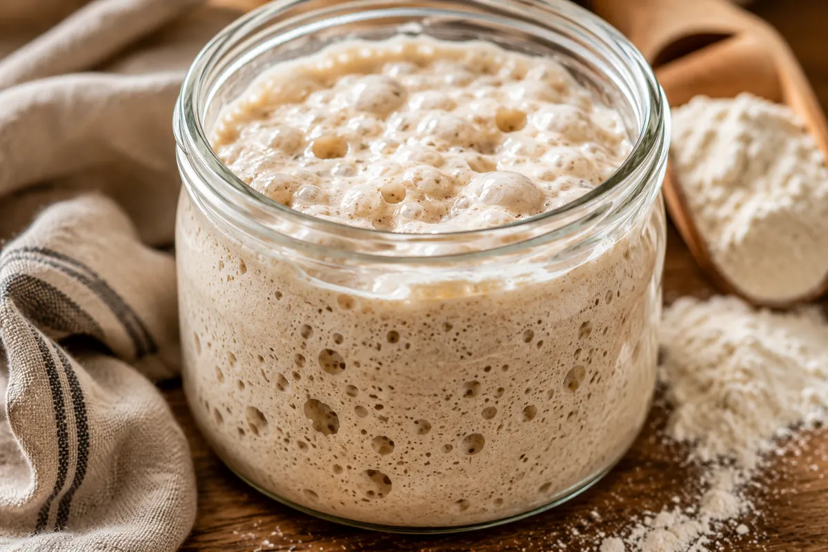 What long fermentation really does to gluten Close-up of a bubbling wheat sourdough starter in a glass jar, the slow fermentation that reduces but cannot remove gluten