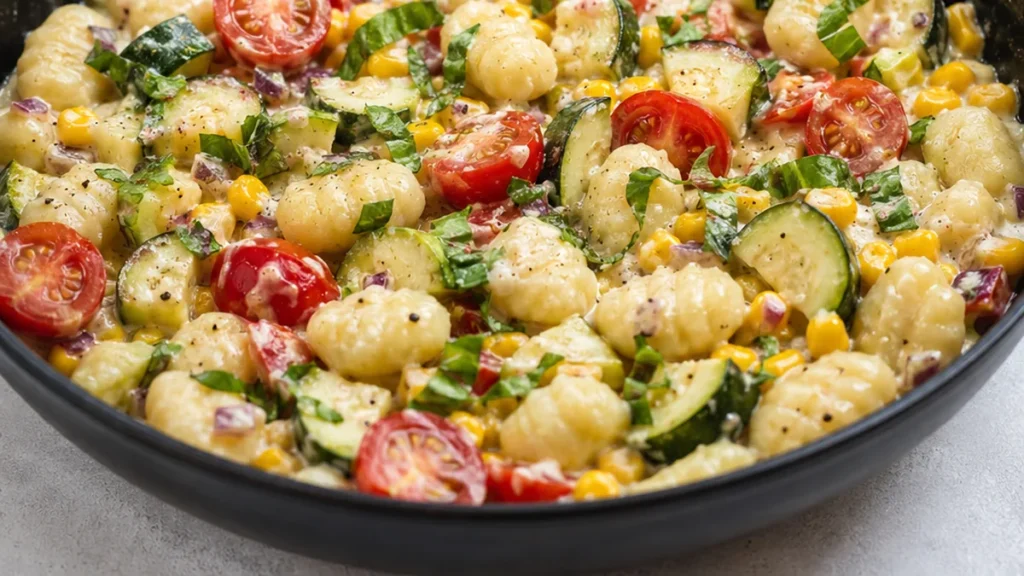 Creamy Veggie Gnocchi Skillet Dinner - Gnocchi skillet: master this creamy summer veggie recipe in one pan. Golden gnocchi with fresh vegetables and a rich sauc